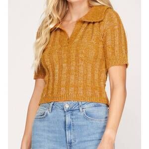 NEW SHE + SKY collared short sleeves cropped knit top in caramel
